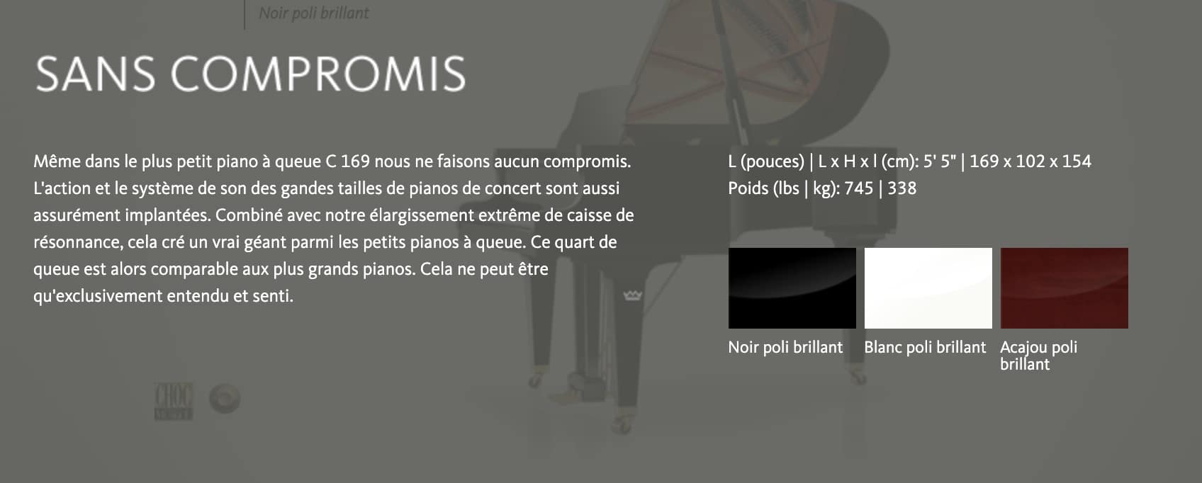 Piano à queue SCHIMMEL C169 Gamme Classic noir brillant