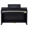 Piano numérique noir moderne avec touches blanches et noires et panneau de contrôle intégré, idéal pour la musique à domicile.