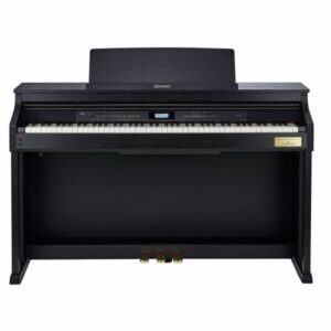 Piano numérique noir moderne avec touches blanches et noires et panneau de contrôle intégré, idéal pour la musique à domicile.