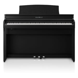 Piano numérique Kawai noir, élégant et moderne, avec trois pédales et clavier complet pour musiciens de tous niveaux.