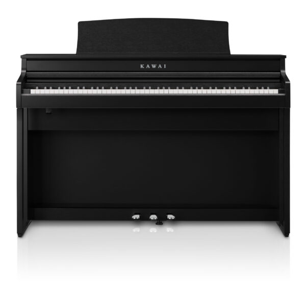 Piano numérique Kawai noir, élégant et moderne, avec trois pédales et clavier complet pour musiciens de tous niveaux.