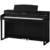 Piano droit électrique noir Kawai, finition élégante, avec pédales et clavier complet pour musiciens.