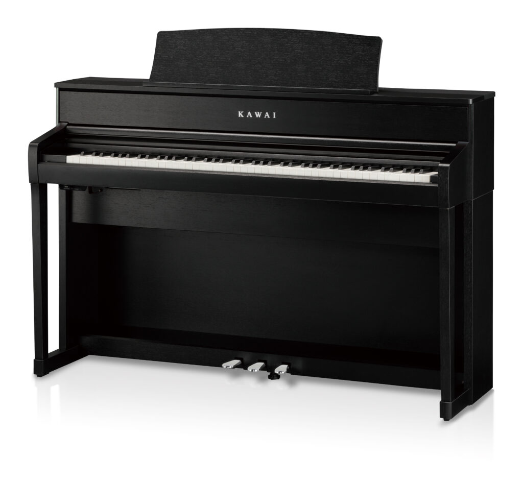 Piano numérique Kawai noir élégant avec trois pédales, idéal pour la pratique musicale à domicile ou en studio.
