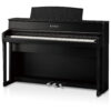 Piano numérique Kawai noir élégant avec trois pédales, idéal pour la pratique musicale à domicile ou en studio.