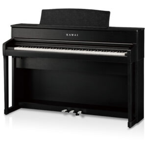 Piano numérique Kawai noir élégant avec trois pédales, idéal pour la pratique musicale à domicile ou en studio.
