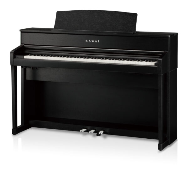 Piano numérique Kawai noir élégant avec trois pédales, idéal pour la pratique musicale à domicile ou en studio.