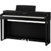 Piano numérique noir Kawai avec trois pédales, idéal pour musiciens, offrant un design moderne et un excellent son.