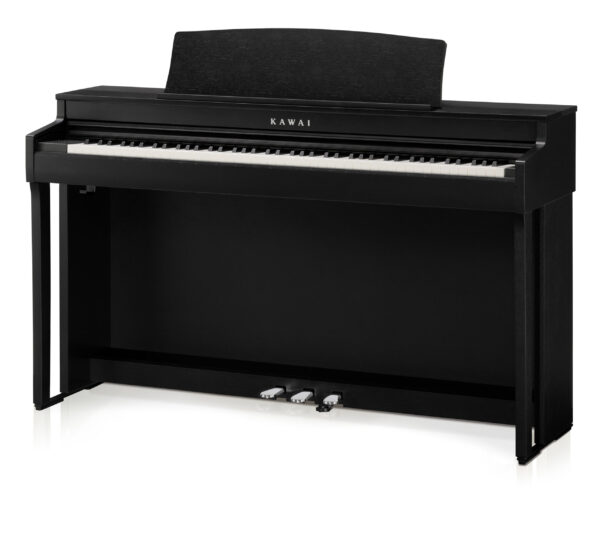 Piano numérique noir Kawai avec trois pédales, idéal pour musiciens et amateurs de musique classique.