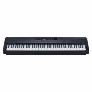 Piano numérique noir avec 88 touches, affichage central et commandes intégrées, idéal pour les musiciens et amateurs de musique.