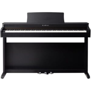 Piano numérique Kawai noir avec trois pédales et touches blanches, idéal pour les amateurs de musique à la maison.