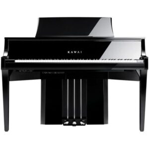 Piano numérique noir Kawai avec finition brillante, touches blanches et pédaliers chromés, idéal pour musiciens professionnels.