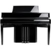 Piano numérique noir élégant avec pédales visibles, offrant une esthétique moderne et brillante, idéal pour les musiciens.