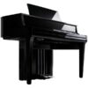 Piano numérique noir brillant avec couvercle relevé, design élégant et pédalier visible.
