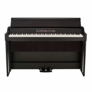 Piano numérique noir élégant avec 88 touches et trois pédales, idéal pour musiciens de tous niveaux et décor moderne.
