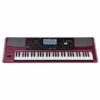 Clavier électronique Korg rouge avec écran LCD central, touches blanches et noires, haut-parleurs intégrés et commandes intuitives.