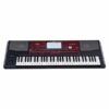 Clavier arrangeur noir et rouge avec écran central et haut-parleurs intégrés idéal pour la création musicale professionnelle.