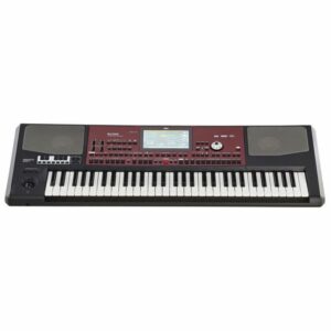 Clavier arrangeur électronique avec écran central et haut-parleurs intégrés, idéal pour composition musicale.