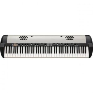 Clavier numérique vintage avec boutons de contrôle et haut-parleurs intégrés noirs, idéal pour la scène ou le studio.
