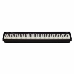 Piano numérique noir à 88 touches, idéal pour les musiciens cherchant un instrument compact et performant.