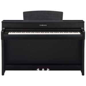 Piano numérique noir Yamaha, design moderne, touches blanches et pédales, idéal pour musique et décoration intérieure.