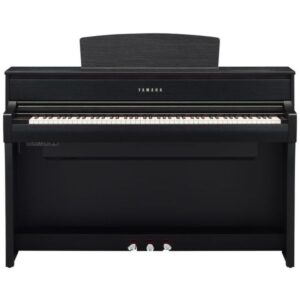 Piano numérique noir Yamaha, design élégant, 88 touches et trois pédales, idéal pour musiciens et étudiants en musique.
