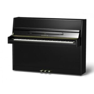Piano droit noir élégant avec trois pédales, idéal pour les musiciens et décorateurs d'intérieur.