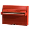 Piano droit rouge, style moderne, 88 touches, et trois pédales. Ideal pour décoration contemporaine et musique classique.