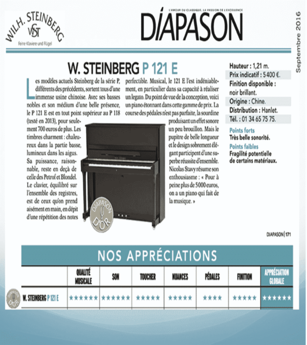 Critique du piano W. Steinberg P 121 E par Diapason, avec photo, caractéristiques techniques et évaluation du magazine.