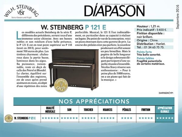 Piano droit W. Steinberg P 121 E, examiné par Diapason avec une évaluation de 5 étoiles. Prix indicatif : 5,400 €.