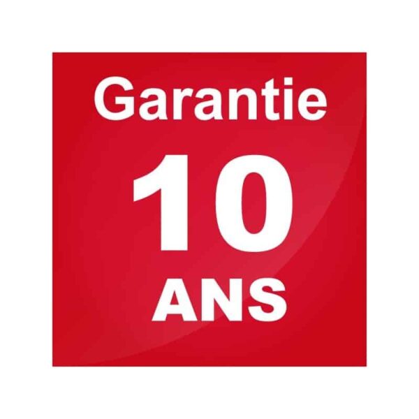 Icône rouge indiquant une garantie de 10 ans, assurance de qualité et durabilité d'un produit ou service.