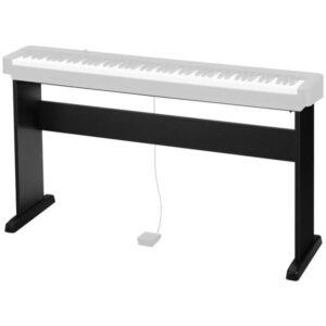 Piano numérique blanc sur support noir avec pédale, idéal pour débutants et amateurs de musique. Instrument d'intérieur moderne.
