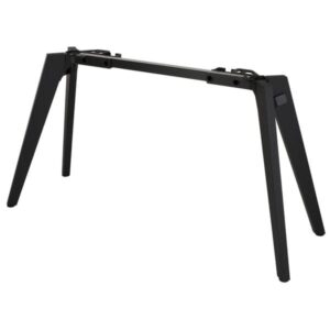 Support métallique noir pour meuble TV, minimaliste et robuste, avec quatre pieds évasés pour un design moderne et stable.