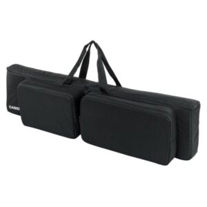 Sac noir pour clavier Casio avec poches de rangement et poignées, idéal pour le transport et la protection des instruments.