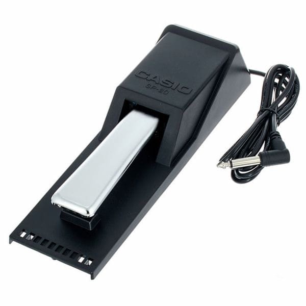 Pédale de sustain Casio SP-20 pour clavier avec câble connecté, design noir et argenté.