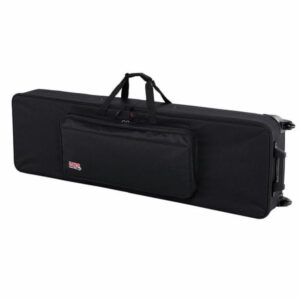 Étui noir pour clavier avec poignées, poche frontale et roulettes, idéal pour transporter et protéger votre instrument de musique.