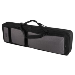 Étui étroit noir et gris pour clavier musical avec poches extérieures et bandoulière. Accessoire de protection pratique.