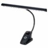 Lampe de pupitre noire avec bras flexible et lumière LED, idéale pour éclairer les partitions musicales ou les livres.