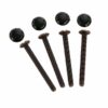 Quatre vis noires à tête ronde avec écrous, sur fond blanc. Accessoire de fixation pour bricolage et construction.