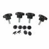 Quatre vis en plastique noir avec embouts filetés et huit rondelles assorties, idéales pour assemblage de meubles.