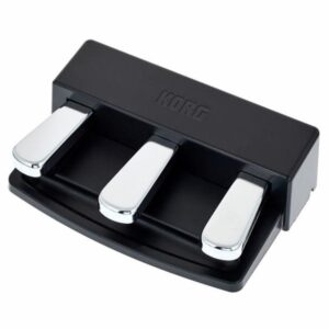 Pédalier triple Korg pour clavier, design noir et chrome, améliore le contrôle sonore des pianos numériques.