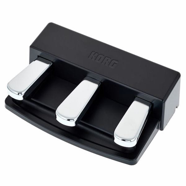 Pédalier triple Korg pour clavier, design noir et chrome, améliore le contrôle sonore des pianos numériques.