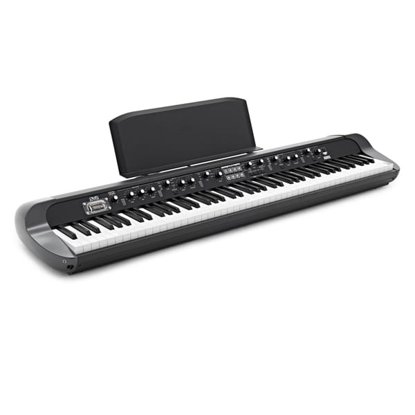 Clavier numérique noir et blanc avec touches, boutons de réglage et support pour partitions, idéal pour pianistes professionnels.
