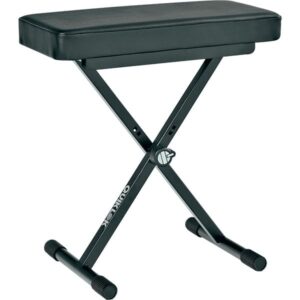 Tabouret de piano réglable noir avec pieds croisés en métal, pour musiciens, confortable et ajustable.