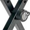 Support clavier réglable en métal noir avec mécanisme de verrouillage circulaire pour une stabilité optimisée.
