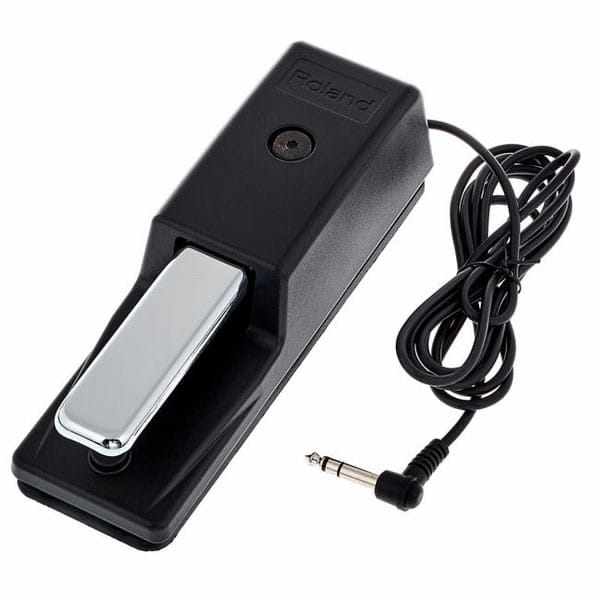 Pédale de sustain Roland noire avec câble et prise jack, accessoire pour clavier ou piano numérique.