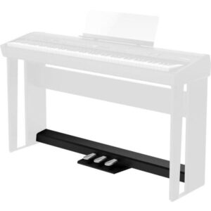 Pedalier noir pour piano avec trois pédales argentées, idéal pour améliorer l'expressivité musicale.