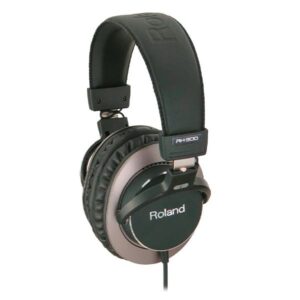Casque audio Roland RH-300 noir et argent, vue de profil, avec bandeau rembourré et câble connecté pour une écoute précise.