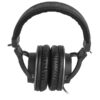 Casque audio professionnel noir, design pliable, coussinets confortables, bandeau rembourré pour écoute immersive et qualité sonore.