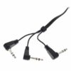 Câble audio noir avec trois fiches jack 6,35 mm en angle droit, idéal pour instruments et équipements sonores.