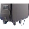Valise noire avec structure en plastique et roulettes, détail du pied de support métallique pour stabilité en position verticale.